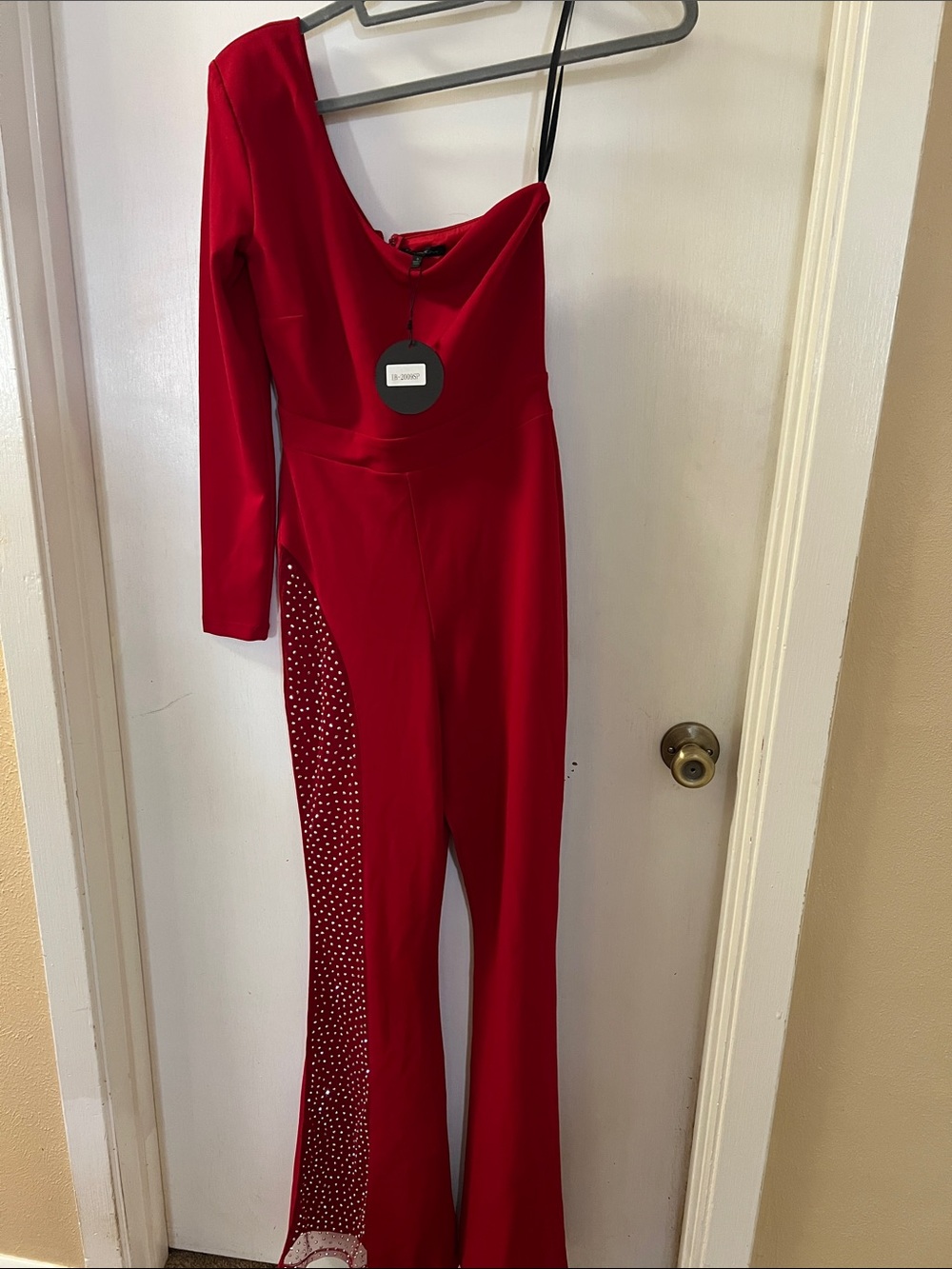 Symphony Scarlet One-Shoulder Jumpsuit with Crystal-Embellished Panel
